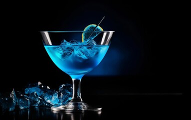 Blue cocktail with lime and ice. Generative AI technology.