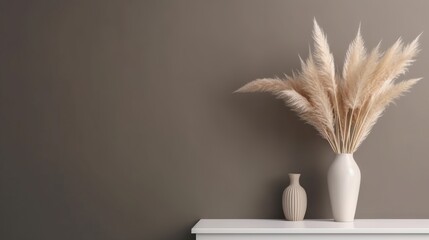 Vase with decorative plant branch against gray wall background. Minimalist interior mockup. Generative AI