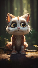 Super Cute little baby cat in the forest. Kitty with big eyes. Funny cartoon character. 3D Vector illustration.