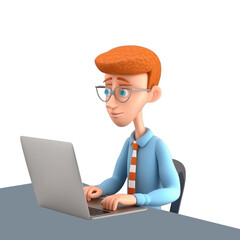 3D icon Young business man working with his laptop in the office or home, employee, freelancer programmer cartoon close up portrait on isolated on transparent png background. Generative ai