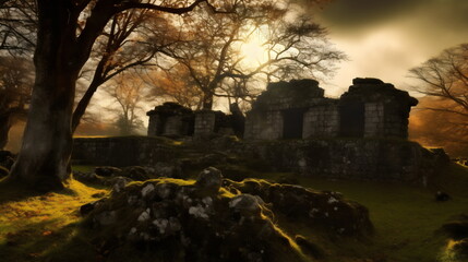 golden hour whispers: unveiling the mystical allure of ancient ruins at dusk, with warm golden light, intricate architecture, dramatic shadows, and the timeless splendor of a bygone era. generative ai