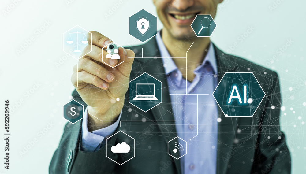 Poster hand touching digital chatbot for provide access to information and data in online network, robot ap