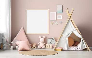 A child's play area with a blank picture frame on a soft pink wall, surrounded by plush toys and a whimsical teepee, creating a dreamy space for stories and dreams.