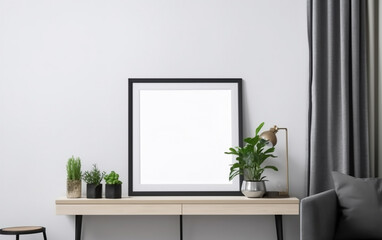A sleek console table with a black-framed blank canvas, complemented by potted plants, offers a modern touch to a minimalist room.