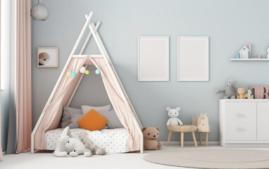 A charming children's room with a playful tent and soft toys, accompanied by twin blank frames on the wall for a touch of creativity.