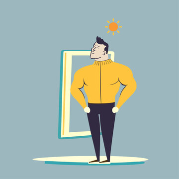 A confident man looks in the mirror. Vector illustration.