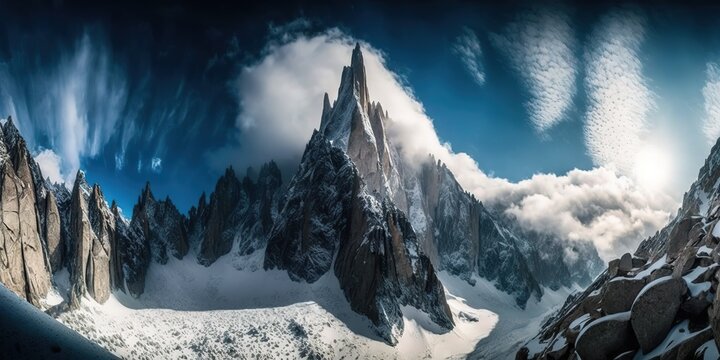 Clouds and blue sky over Chamonix Valley, with the aiguilles des drus and the aiguille verte in the background. Generative AI