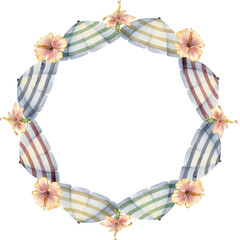 Hand drawn watercolor striped cocktail beach umbrella caleidoscope. Circle wreath frame. Isolated on white background. Design wall art, wedding, print, fabric, cover, card, tourism, travel booklet.