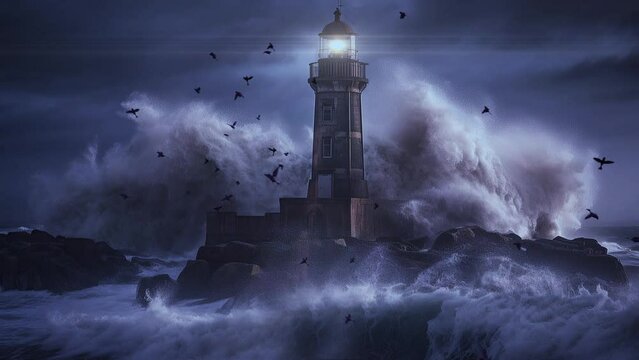 animation - Storm with big waves over the lighthouse at the ocean