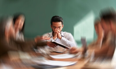 Stress, migraine and motion blur with a business man in a meeting feeling frustrated, tired or overworked. Mental health, anxiety and headache with an exhausted male employee suffering from fatigue - obrazy, fototapety, plakaty