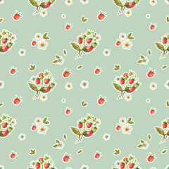 Seamless pattern with watercolor strawberry. Floral illustration of berries and flowers. Herbal background.
Good for wrapping paper, textile, prints and other.