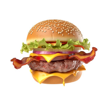 3d Burger with beef and bacon, craft burger, cheese burger, vegetables and tomato, oil paint, realistic 3d, detailed render. Street food, take-away. Fast food digital illustration.