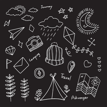 Vector - Hand drawing doodle set, outdoor or adventure concept, hipster, camping elements on black background. Hipster style.