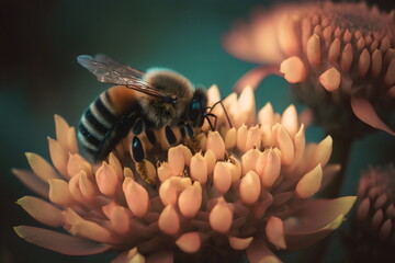 closeup of bee taking polen from a sunflower flower generative ai - obrazy, fototapety, plakaty