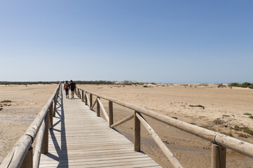 Una pareja paseando sobre una pasarela de madera en una playa del sur de Andalucía en Cádiz bajo...