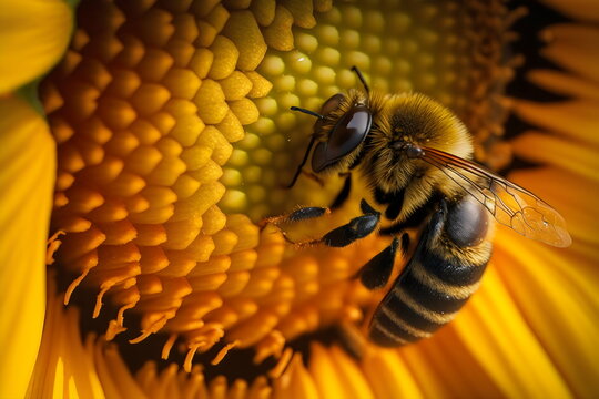 closeup of bee taking polen from a sunflower flower generative ai