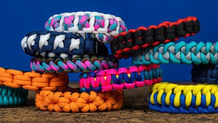 Fototapeta na wymiar Lots of braided paracord bracelets on a blue background. Handmade, creative design.