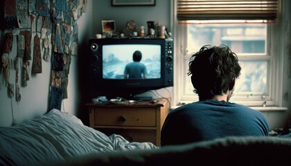 Kid in bedroom playing video games in 1990's 