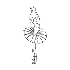 Ballerina in tutu and pointe shoes.Ballet dancer silhouette. Realistic ballerina, beautiful woman against white background. Ballet banner. Line  illustration.