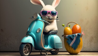 Easter bunny with basket of eggs on blue scooter. Easter concept. ai generated