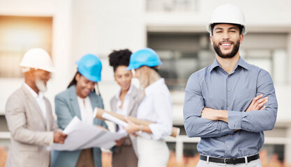 Architecture, engineer and portrait of man with team for building, construction site and city...