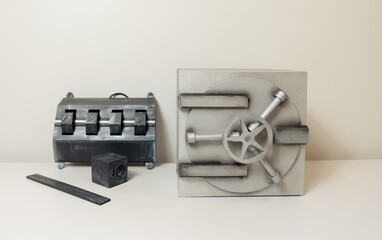 a toy safe made for a quest room with a clue key. company games. component. rustic safe riddle.