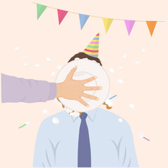 Cake in the face of a man. Birthday.Color vector illustration.