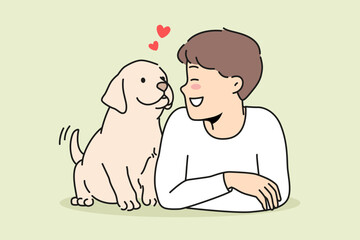 Smiling little boy child lying with cute puppy. Happy kid playing with dog enjoy leisure time with pet friend. Vector illustration. 