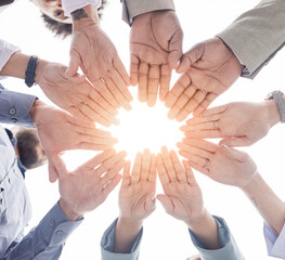 Business people, hands together and circle in teamwork, motivation or unity for collaboration...