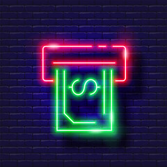 Withdrawing money from an ATM vector neon icon. Finance, money and online banking glowing sign.