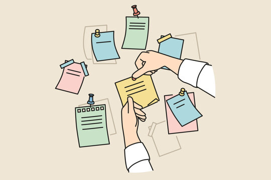 Closeup of person attach sticky notes with pins to board in office. Employee organize work plans using stickers on corkboard. Vector illustration. 