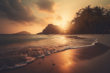 Sunset on a tropical island. Palm trees and beach on the island. A magical place to relax Generative AI