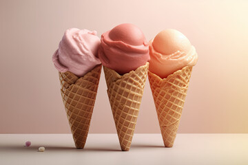 Three colorful ice creams on light background. Ice Cream scoops in waffle cones. Sweet desserts. Generative AI
