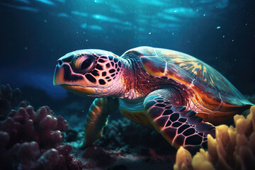 Fototapeta na wymiar A turtle swimming at the bottom of the sea. Coral reef and fish. Generative AI