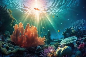 Fototapeta na wymiar Animals of the underwater world with sun rays. Coral reef and fish. Generative AI