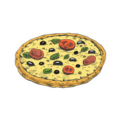 Hand-drawn colored sketch style pizza Margherita. Traditional Italian cuisine. Dough, tomato sauce, melted mozzarella cheese, basil leaves, tomatoes. Vintage illustration.