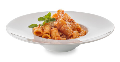 Mezze maniche macaroni with red tomato sauce and grated parmesan cheese and marjoram leaves in white plate, isolated