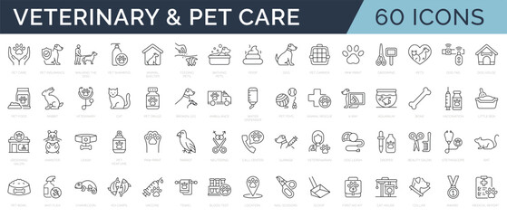 Fototapeta na wymiar Set of 60 line icons related to pet, care, veterinary, vet, healthcare. Outline icon collection. Linear animals symbols. Editable stroke. Vector illustration