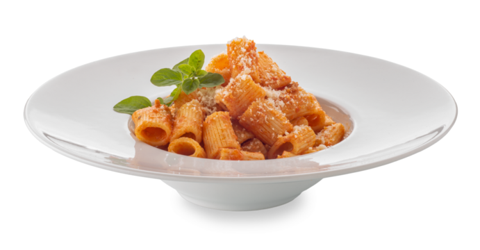 Mezze maniche macaroni with red tomato sauce and grated parmesan cheese and marjoram leaves in white plate, isolated