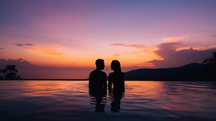 Couple enjoying the view from a infinity pool in the sunset, made with generative ai