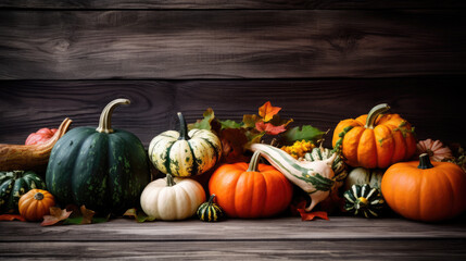 Still life of pumpkins on aged wood background. Halloween concept. Generative AI
