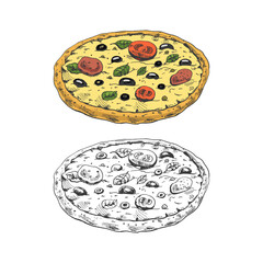 Hand-drawn colored and monochrome  sketch of  pizza Margherita. Traditional Italian cuisine. Dough, tomato sauce, melted mozzarella cheese, basil leaves, tomatoes. Vintage illustration.