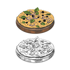 Hand-drawn colored and monochrome  sketch of vegetarian pizza on a wooden plate  isolated on white background. Fast food vintage illustration. Great for menu, poster or restaurant background.