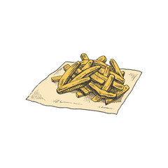 Hand-drawn colored sketch of  french fries  isolated on white background. Fast food illustration. Vintage drawing. Great for menu, poster or restaurant background.