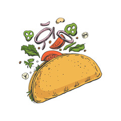 Hand-drawn colored  sketch of taco on white background. Flying ingredients. Onion rings, tomato, cucumber, beans, tortilla. Fast food vintage illustration.