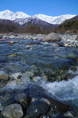 春の北アルプスと松川