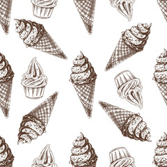 Vector vintage ice cream seamless pattern. Hand drawn monochrome  illustration of  waffle cones with frozen yogurt or soft ice cream in a cup. Great for menu, poster or restaurant background.