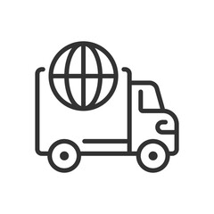 International delivery pixel perfect linear icon. Worldwide shipment. Import and export. Thin line illustration. Contour symbol. Vector outline drawing. Editable stroke. Arial font used