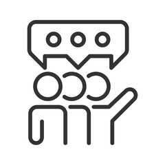 Groupthink pixel perfect linear icon. Collaboration in team. Teamwork and discussion for project. Thin line illustration. Contour symbol. Vector outline drawing. Editable stroke. Arial font used