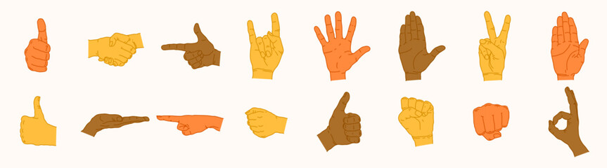 Obraz na płótnie Canvas Vector set of linear human hands in different poses, show different gestures.